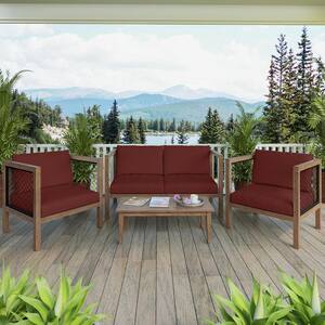 4 -Piece Acacia Outdoor Conversation Set with Black Wicker and Cushions