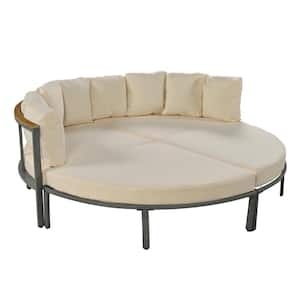 4-Piece Metal Outdoor Day Bed with Beige Cushions, Patio Furniture Set, Round Sectional Sofa Set All Weather Metal