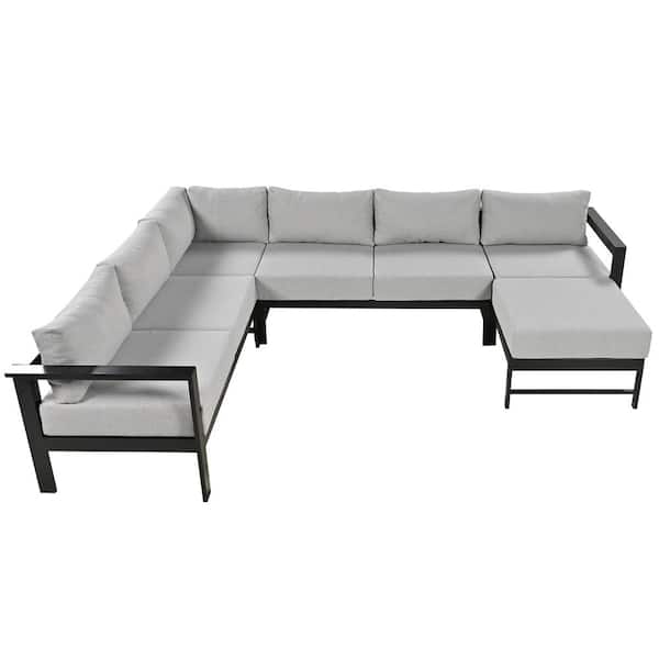 Unbranded Aluminum U-shaped Multi-person Outdoor Sectional Set with Grey Cushions for Gardens, Backyards