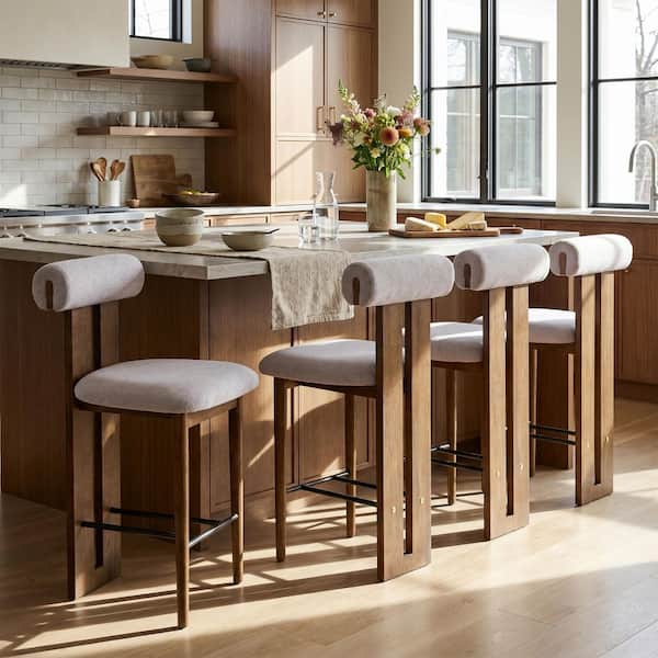 Fynor Modern 25.5 in. H Dark Walnut Finish Wood Frame Ivory Fabric Upholstered Counter Barstools, Set of 4
