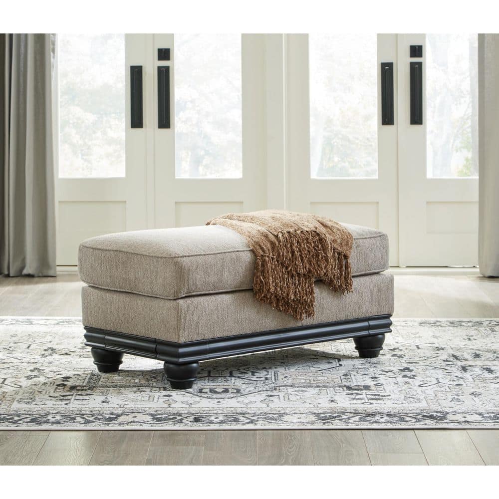 Elbiani Traditional Gray Fabric Ottoman with Matte Black Trim