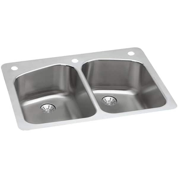 Lustertone Classic Dual Mount Stainless Steel 33 in. 3-Hole Equal Double Bowl Kitchen Sink with Perfect Drain