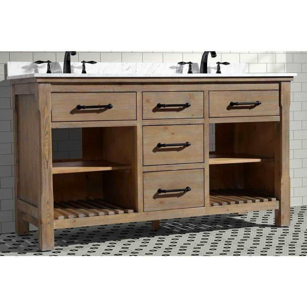 Weathered Fir Solid Wood 60" Double Sink Bathroom Vanity with Carrara Marble Top