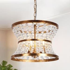 Modern 3-Light Vintage Gold Drum Chandelier for Dining Room with Clear Glass Drops, Kitchen Island Hanging Pendant Light