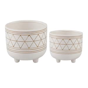 6 in. and 5 in. White/Gold Ceramic Line Geometric with Legs Mid-Century Planter (Set of 2)