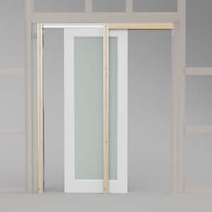 28 in. x 80 in. 1-Lite Glass White Primed MDF Pocket Sliding Door with Pocket Door Hardware Kit (Soft Close Included)