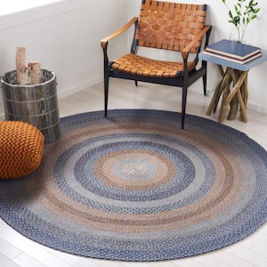 Braided Gray/Brown 6 ft. x 6 ft. Border Striped Round Area Rug