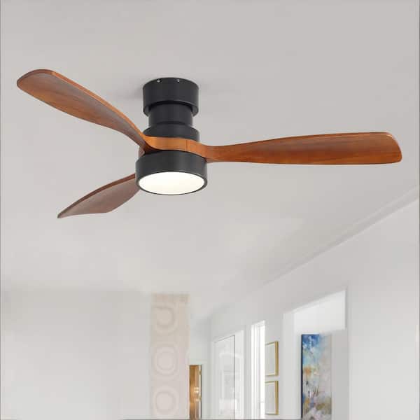 48 in. Indoor/Outdoor Wood Modern Standard Downrod FlushMount Matte Black Ceiling Fan with Light Kit and Remote Control