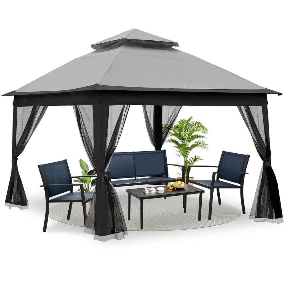 11 ft. x 11 ft. Gray Pop-Up Gazebo Canopy with Removable Zipper 2-Tier Soft