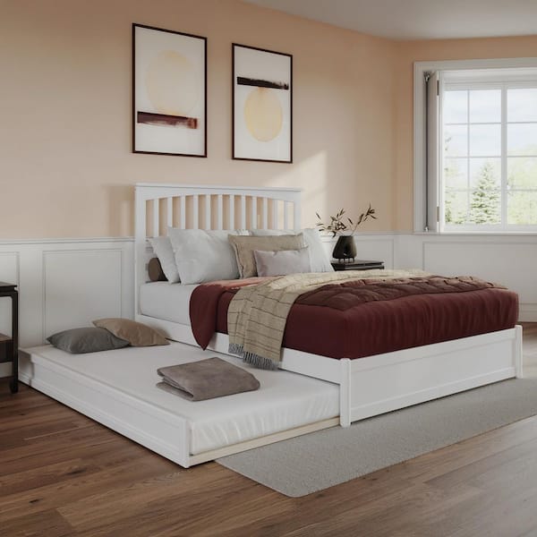 AFI Everett White Solid Wood Frame Queen Platform Bed with Panel Footboard and Twin XL Trundle