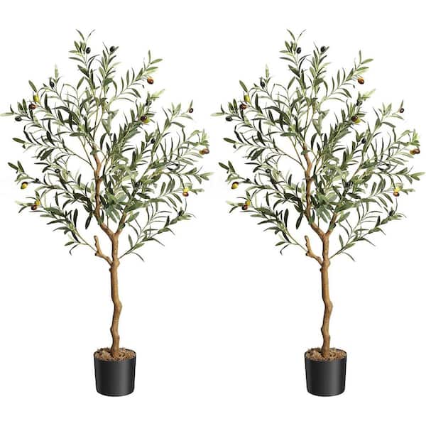 4. 25 ft. (2-Pieces) Artificial Olive Tree Tall Faux Silk Olive Trees Fake Potted Tree with Wood Trunk and Fruits