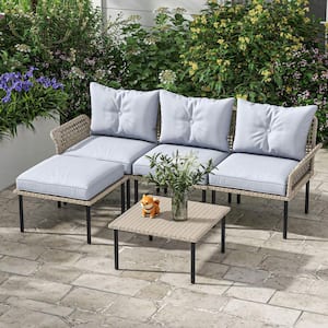 5-Piece Rattan Patio Conversation Set with with L-Shaped Sofa, Cushions