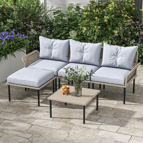 Outsunny 5-Piece Rattan Patio Conversation Set with with L-Shaped Sofa, Cushions