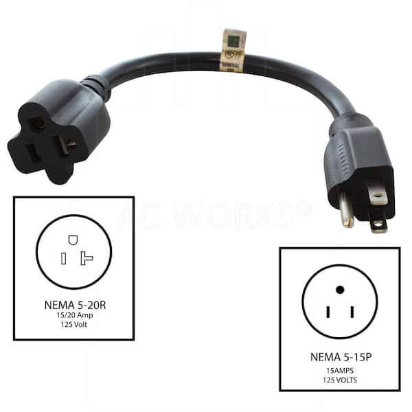 AC WORKS 5-15P to 5-20R 1 ft. 14 / 3 SJTW Indoor/Outdoor Cord in