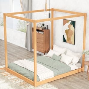 Natural (Yellow) Wood Frame Queen Canopy Bed with Support Legs