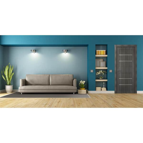 30 in. x 80 in. Liah Gray Oak Left-Hand Solid Core Composite 4-Lite Frosted Glass Single Prehung Interior Door