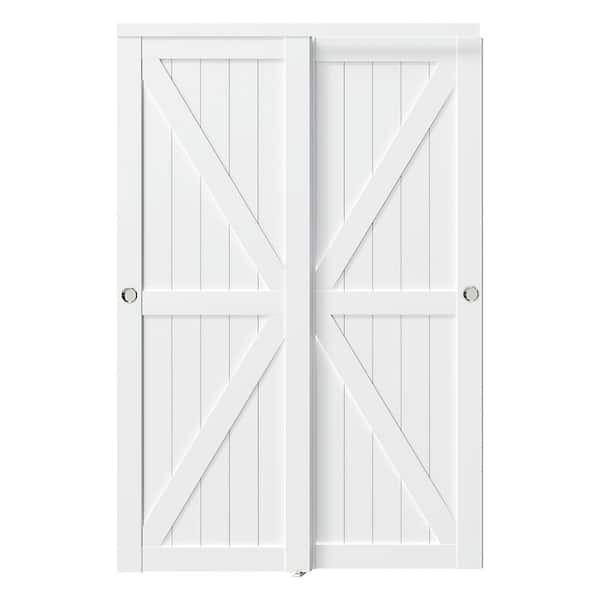 TENONER 60 in. x 80 in. Solid Core, White MDF Double Slide, K Shape Sliding Door with Handle & All Hardware