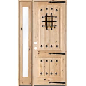44 in. x 96 in. Mediterranean Unfinished Knotty Alder Arch Right-Hand Left Full Sidelite Clear Glass Prehung Front Door