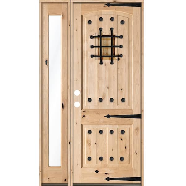 Krosswood Doors 46 in. x 96 in. Mediterranean Unfinished Knotty Alder Arch Right-Hand Left Full Sidelite Clear Glass Prehung Front Door