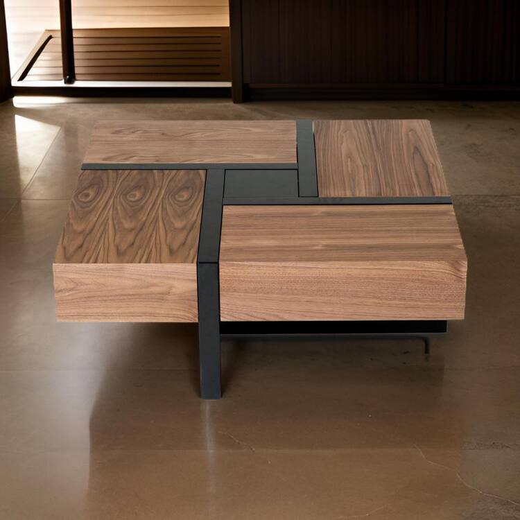 Benjara Custom Series 39 in. Brown and Black Square Wood Coffee Table with 4 Drawers