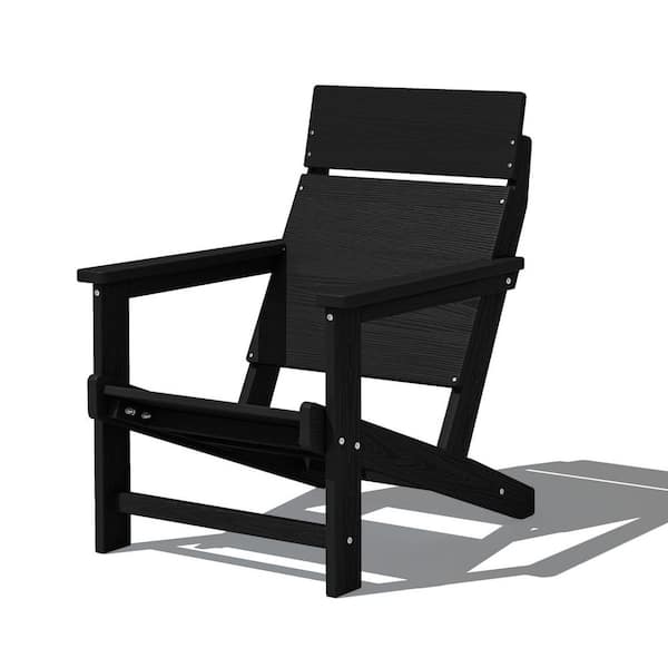 HDPE Black Adirondack Chair-Panel-Back All-Weather Heavy Woodgrain for Garden, Poolside and Deck