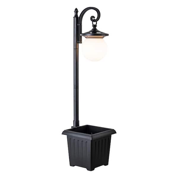 C Cattleya Black Plastic Weather Resistant Solar Integrated LED Outdoor Waterproof Post Light Set with Planter and Acrylic Shade