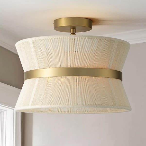 RRTYO Corbally 13.7 in. 2-Light Modern Boho Gold Drum Handwoven Rope Fabric Tapered Semi-Flush Mount Light