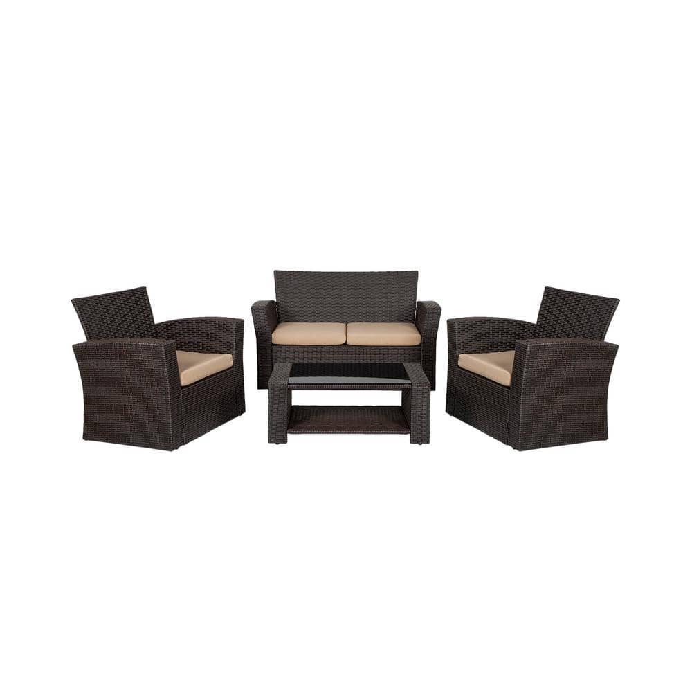 Hudson 4-Piece Dark Brown Wicker Outdoor Patio Set with Beige Cushions