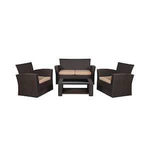 Hudson 4-Piece Chocolate Wicker Outdoor Patio Loveseat and Armchair Conversation Set w/Beige Cushions and Coffee Table