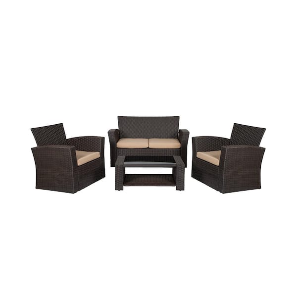 WESTIN OUTDOOR Hudson 4-Piece Chocolate Wicker Outdoor Patio Loveseat and Armchair Conversation Set w/Beige Cushions and Coffee Table