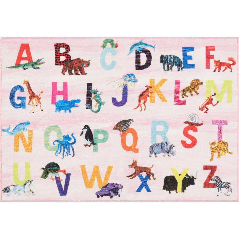 Pink Alphabet Zoo Synthetic Rectangular Kids Area Rug 4' x 6'