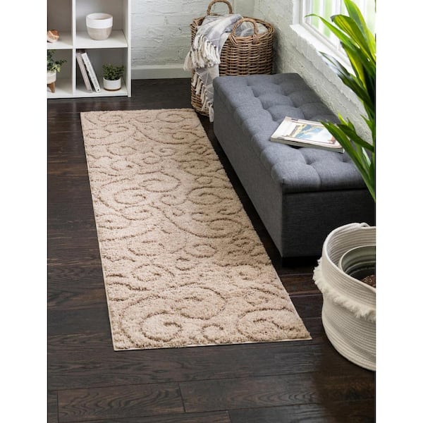 Floral Shag Carved Beige 2' 0 x 6' 7 Runner Rug