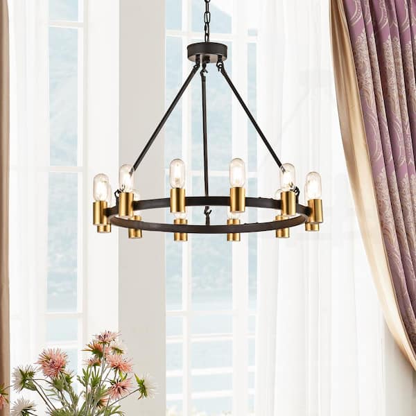 Maxax Bismarck 12-Light Black/Gold Dimmable Wagon Wheel Chandelier