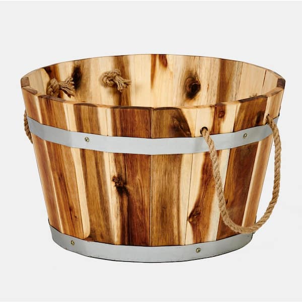 Unbranded 12.5 in. Natural Acacia Wood Barrel Planter with Rope Handles