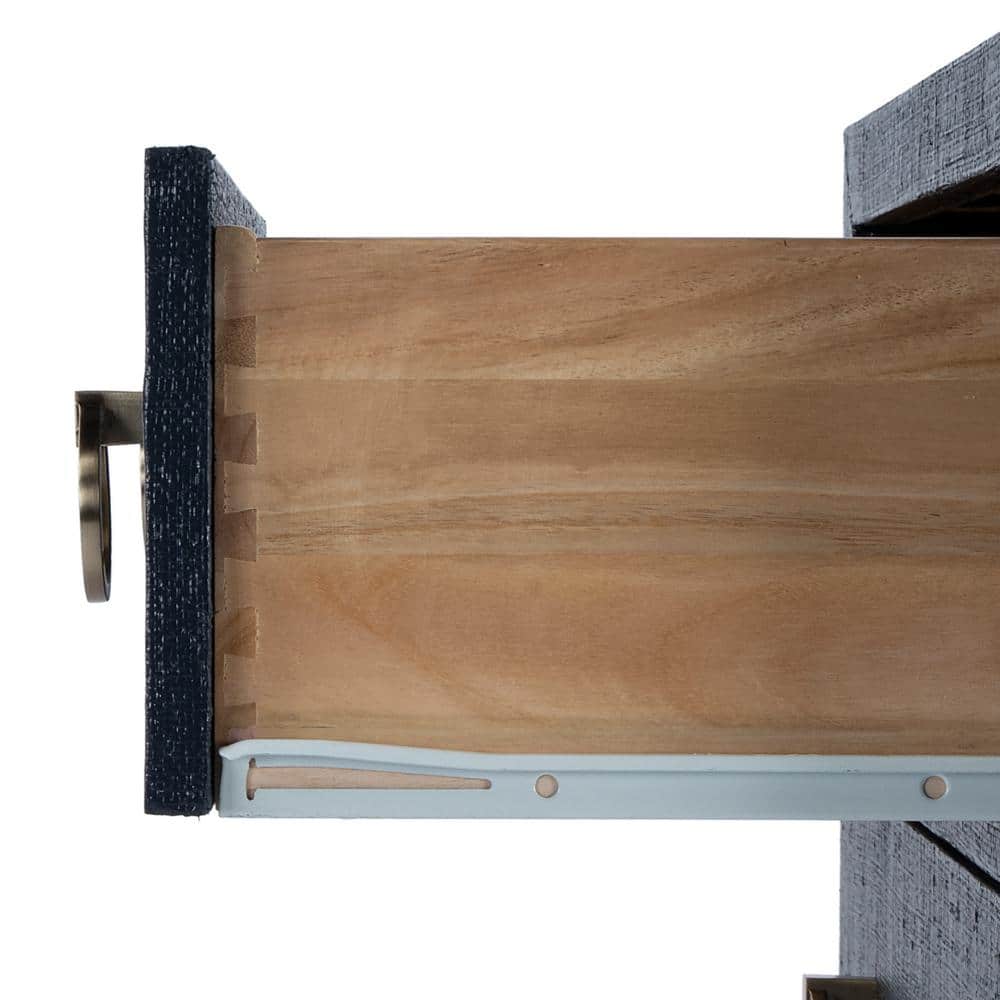 Navy Oak Raffia 3-Drawer Nightstand with Brass Pulls