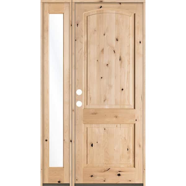 Krosswood Doors 44 in. x 96 in. Rustic Unfinished Knotty Alder Arch-Top Right-Hand Left Full Sidelite Clear Glass Prehung Front Door
