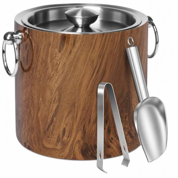 3.17 qt. Wood Grain Stainless Steel Ice Bucket with Double-Wall Insulation Lid, Ring Handle and Ice Tong for BBQ Parties