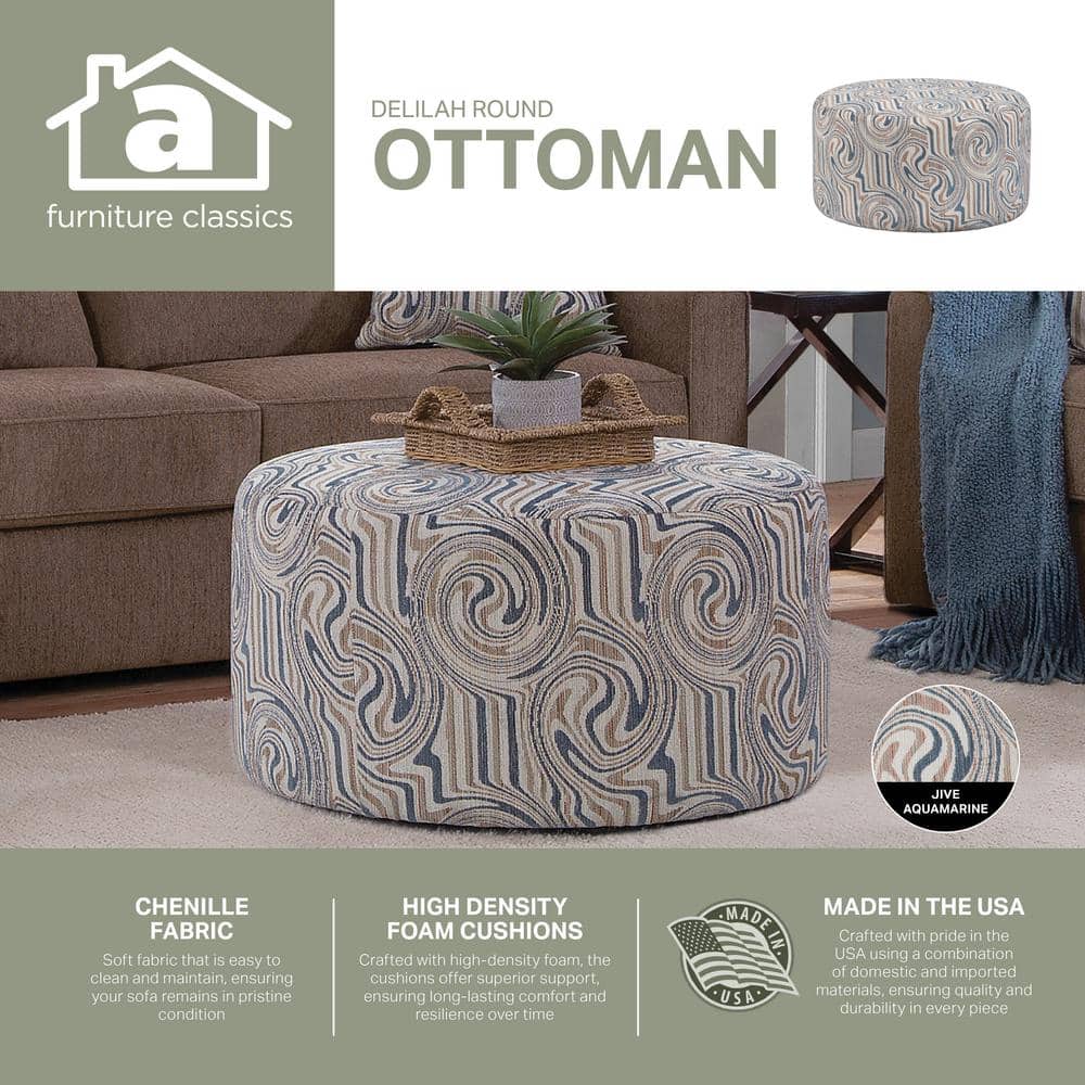 Delilah Round Latte and Aquamarine Jacquard Chenille Ottoman