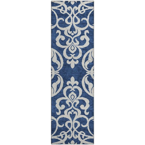 Mayfield Premium Machine Washable Abstract AMF973 Navy 2 ft. 3 in. x 7 ft. 6 in. Runner Rug
