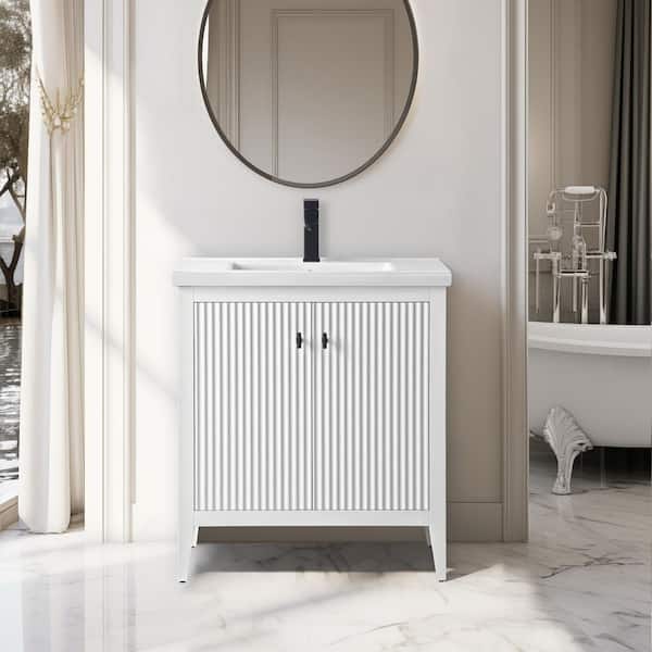 Vanity Art 30 in. W x 18.5 in D x 34 in. H Single Sink Bathroom Vanity Cabinet in Linear White with Ceramic Top