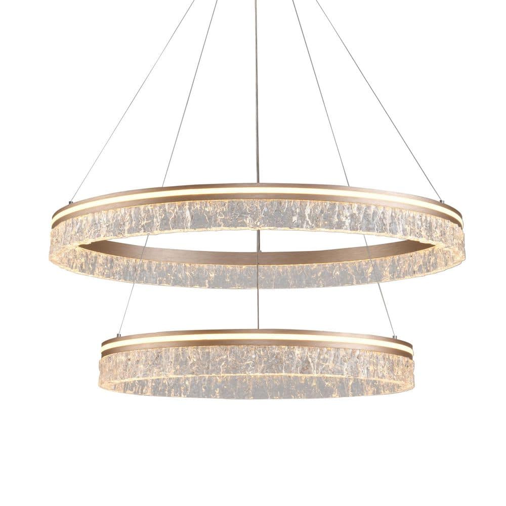 2 Lights Modern Integrated LED Chandelier Pendant Light, Gold Dimmable Chan