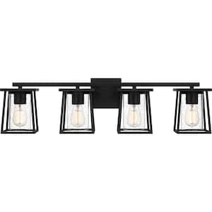 Lodge 33.25 in. 4-Light Matte Black Vanity Light with Clear Seeded Glass