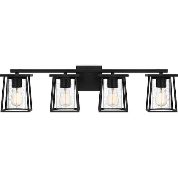 Quoizel Lodge 33.25 in. 4-Light Matte Black Vanity Light with Clear Seeded Glass
