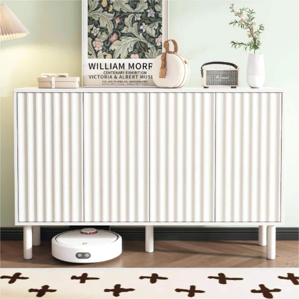 White Wood 55.1 in. Sideboard with Adjustable Shelves, 4 Fluted Doors and 5 Solid Pine Wood Legs