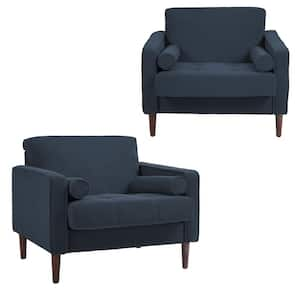 Mid-Century Modern Navy Blue Corduroy Fabric Upholstery Arm Chair with Wood Legs (Set of 2)