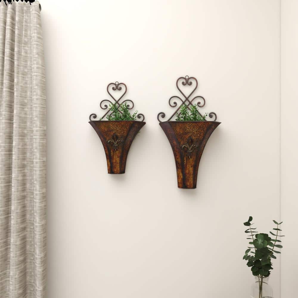 Brown Iron Scrollwork Indoor Outdoor Wall Planter Set