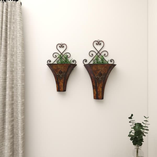 18in. Medium Brown Metal Scroll Indoor Outdoor Hanging Wall Planter (2- Pack)