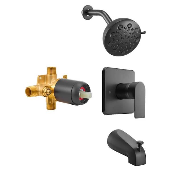 Tub and Shower Faucet Set, 5 in. Rainfall Shower Head and Bathtub Spout, Single-Handle Tub Trim Kit, Matte Black