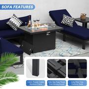 8-Piece Luxury Outdoor Gray Aluminum Patio Conversation Fire Pit Set, Chaise Lounge and Navy Blue Cushions