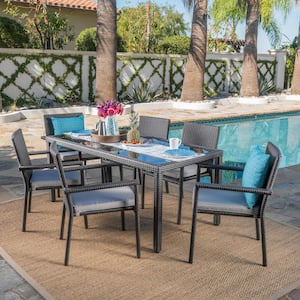 San Pico 35 in. Grey 7-Piece Metal Rectangular Outdoor Dining Set with Silver Cushions